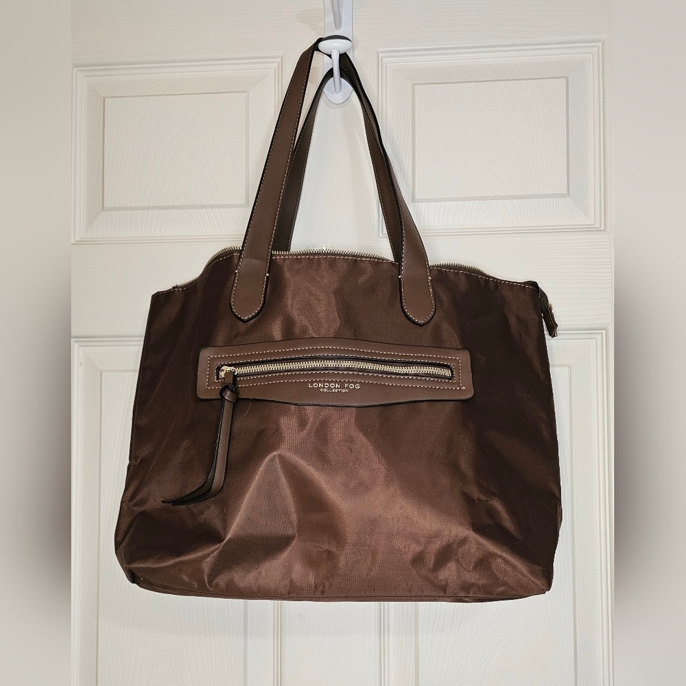 London Fog Brown Tote / Satchel Handbag | Zip Top | Gold Hardware